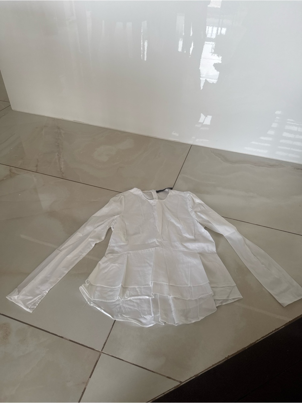 Zara White Long-Sleeve Layered Peplum Blouse
